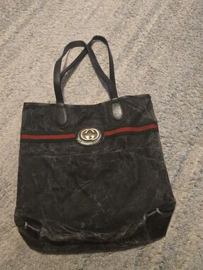 Vintage GUCCI Accessory Collection Sherry Line Web Tote Bag Black Canvas Distres